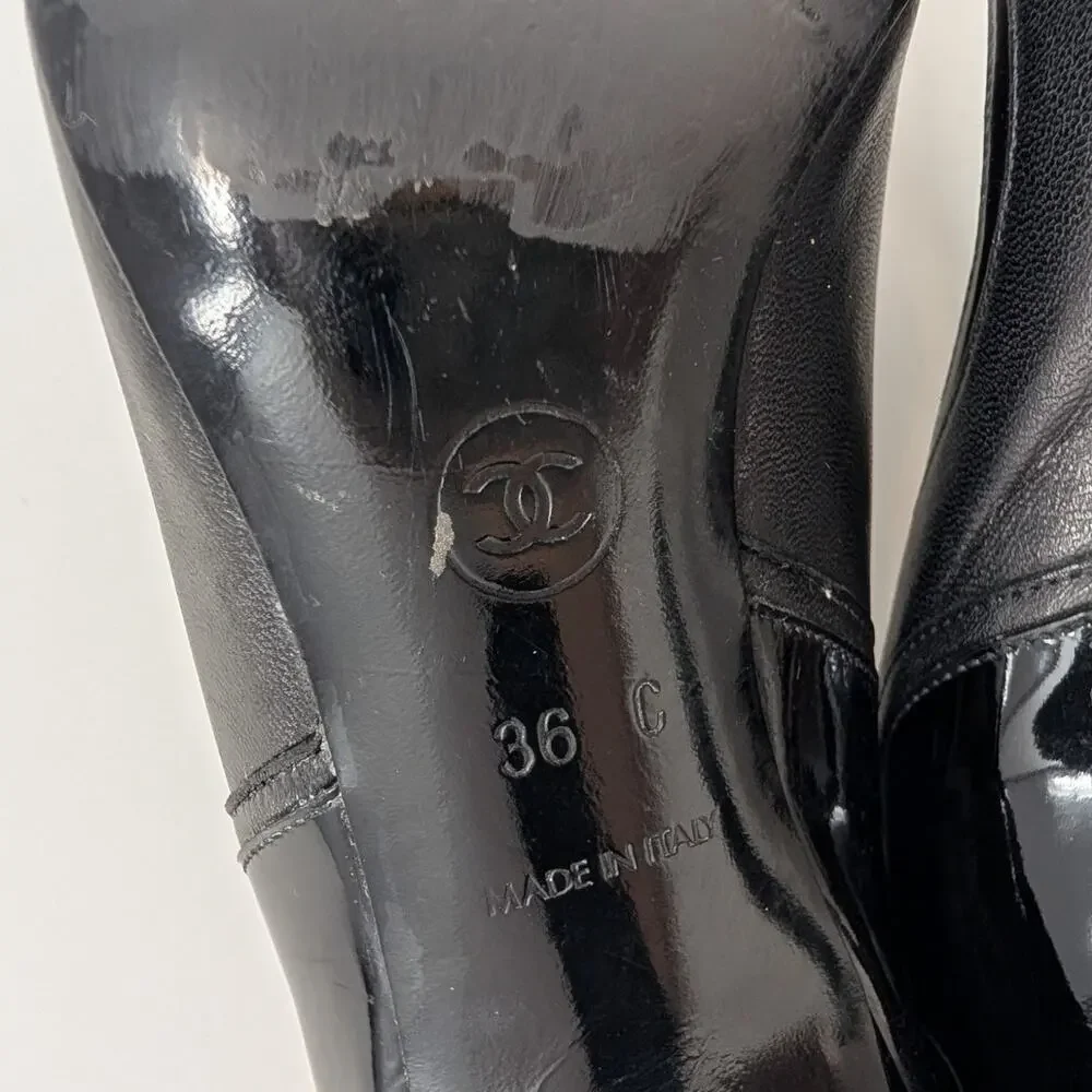 Chanel Black Leather Patent CC Logo Peep Toe Pumps Heels 36